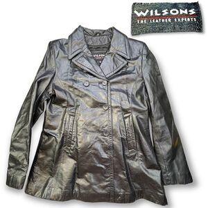 Vintage 90s Ladies Wilsons Leather Double Breasted Jacket Black Medium